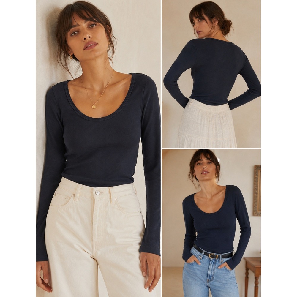 DOEN Black Cotton Scoop Neck Long Sleeve Top Scalloped Trim Small Peru